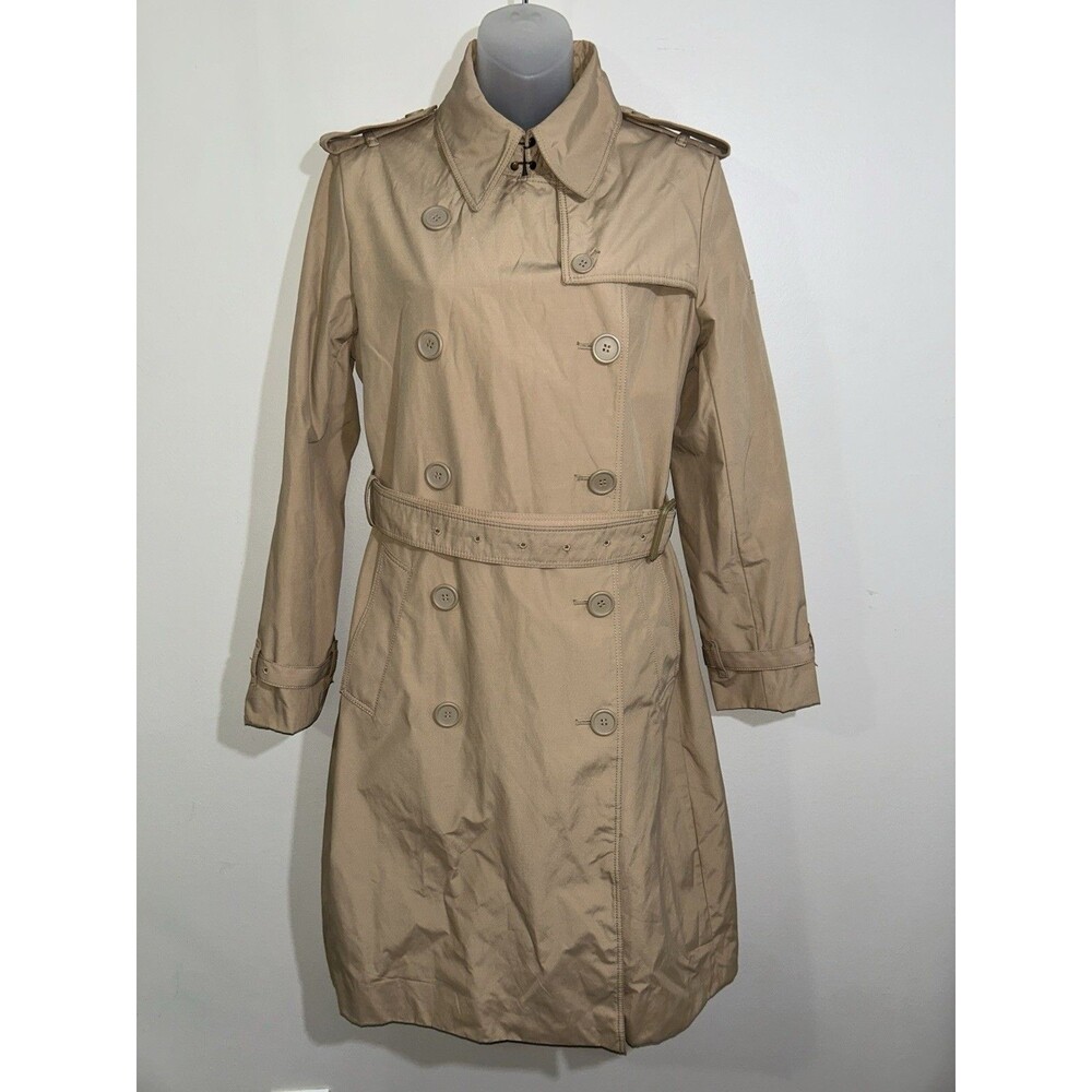Norma Kamali Double Breasted Trench Coat Belted Beige Tan Quiet Luxury Sz M